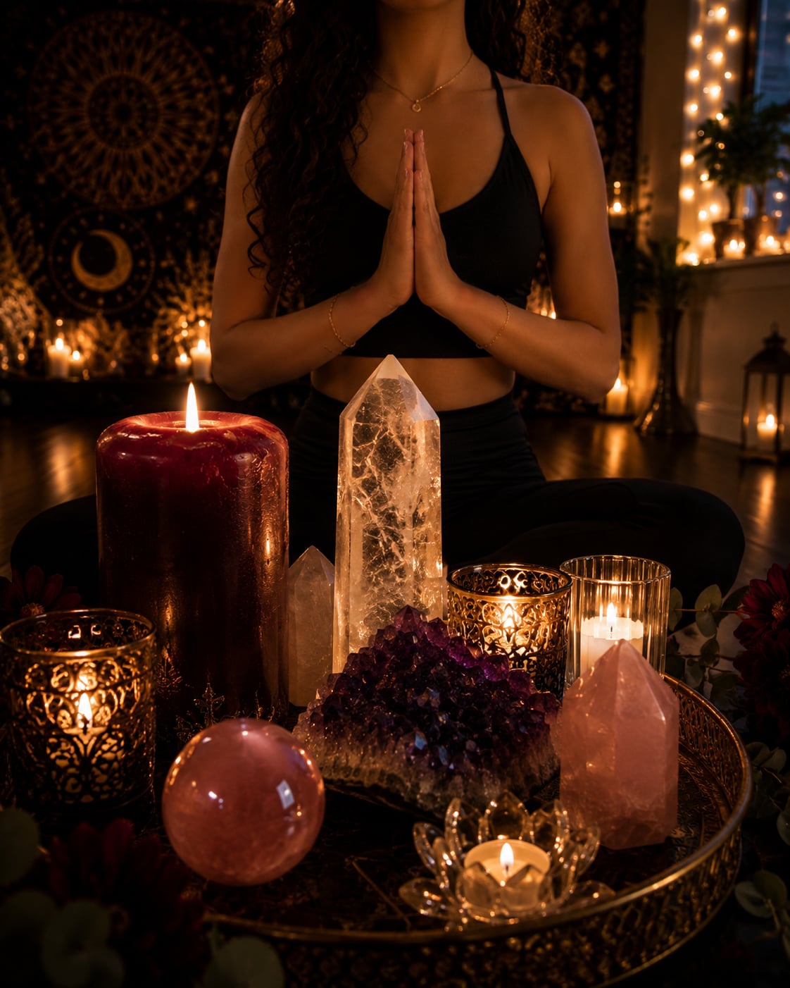 Sophia in prayer pose behind a candlelit altar — clear quartz, rose quartz, amethyst geode, candles, and a sun mandala tapestry in the warm glow of her studio.