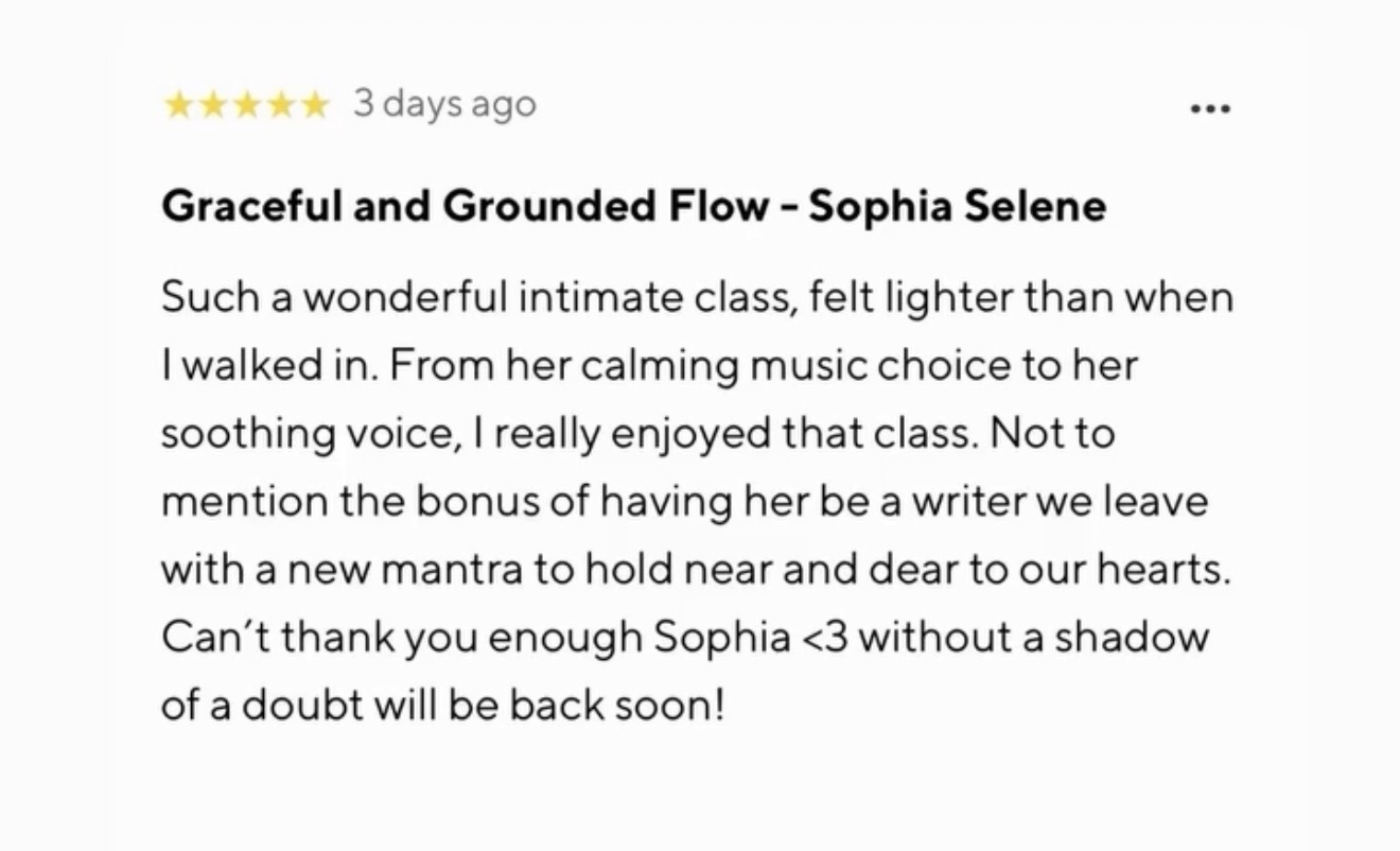Screenshot of a positive message from a Sophia Selene Yoga client, shared with permission.