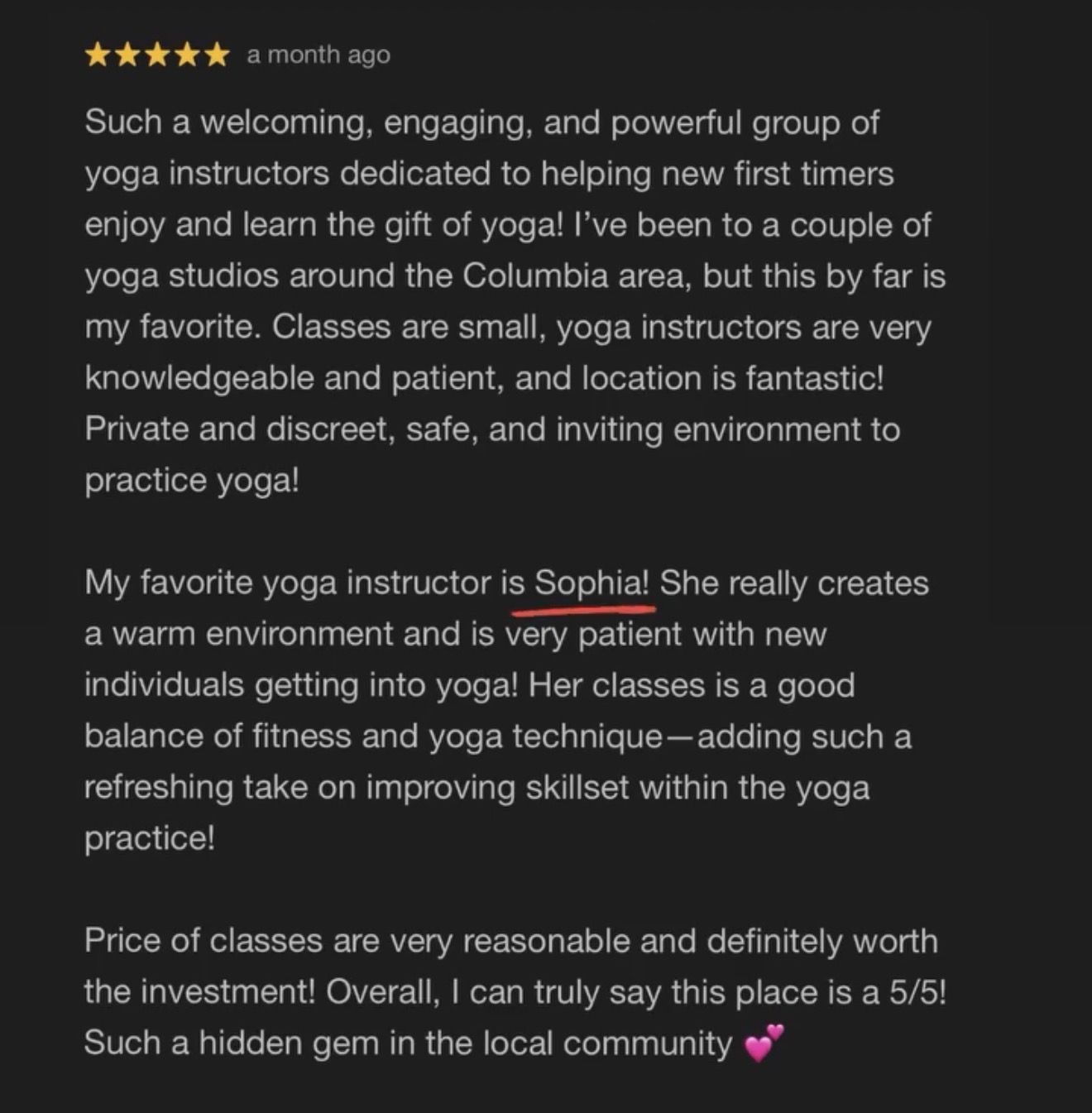 Screenshot of a positive message from a Sophia Selene Yoga client, shared with permission.