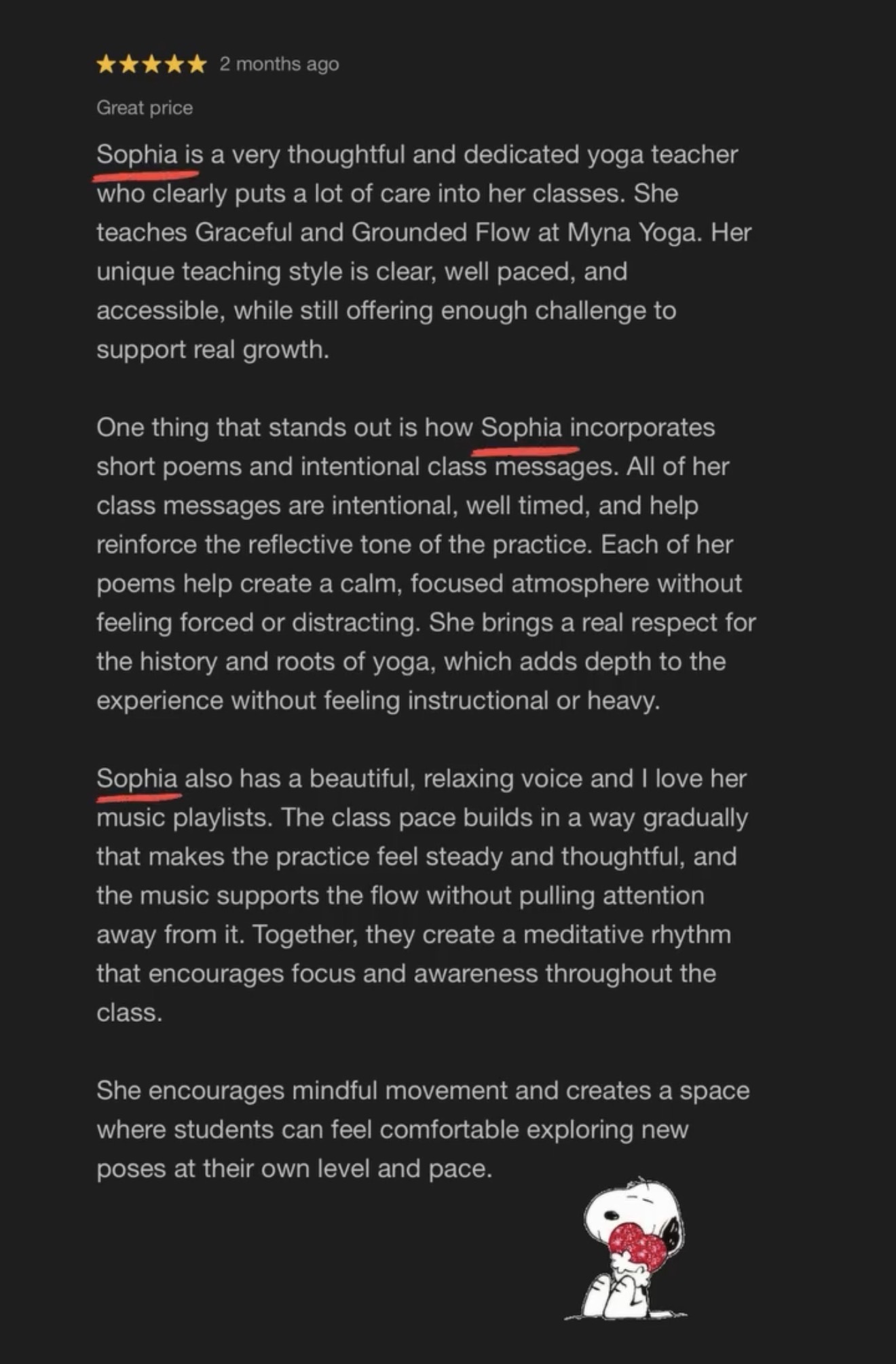 Screenshot of a positive message from a Sophia Selene Yoga client, shared with permission.