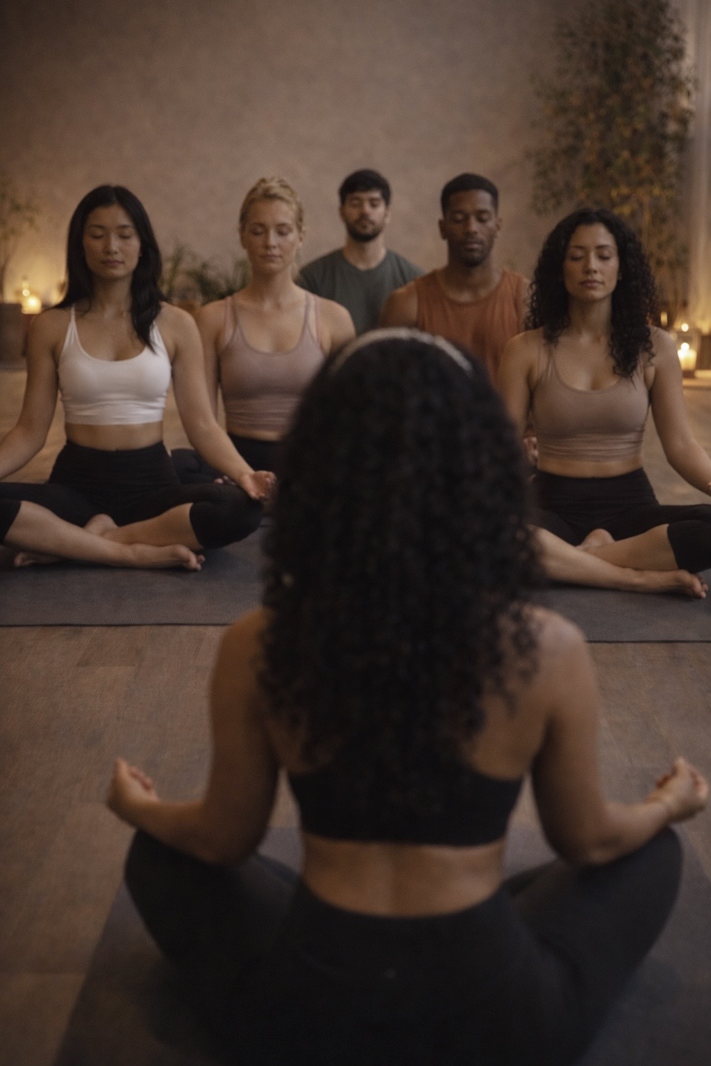 Sophia leading a candlelit group meditation class with five seated students in the Rockville studio