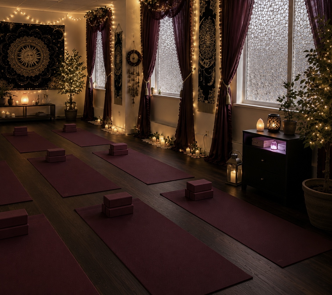 Candlelit interior of Sophia Selene Yoga studio at 17 West Jefferson Street, Suite 007 — sheer-curtained windows, mandala tapestries, plants with twinkle lights, and candles along a dark wood floor.